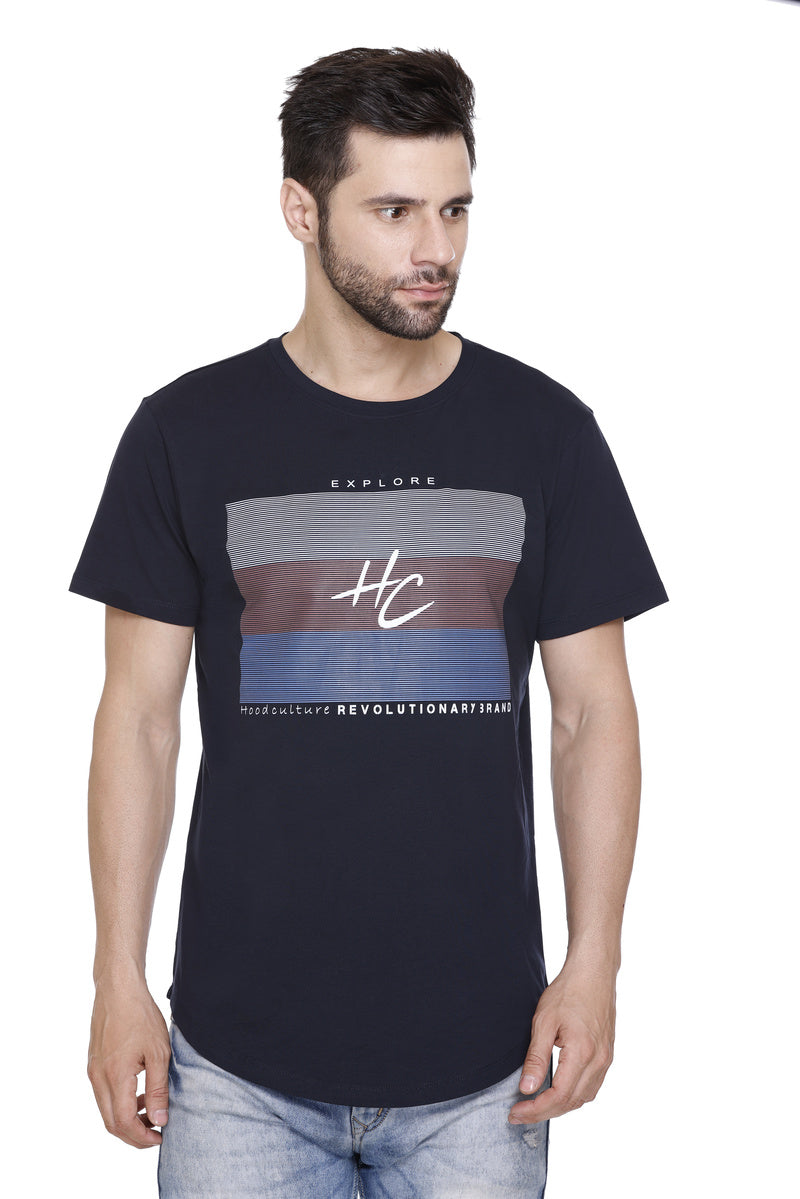 Short Sleeves Men Cotton Lycra Horizontal line Printed round Neck T-shirt