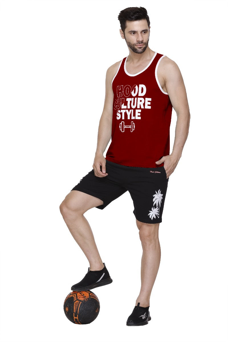 Men's Printed Maroon Cotton Lycra Gym Vest | Activewear Sports Sleeveless Vest | Stretchable Workout Vest for Men (Sizes M to 3XL)