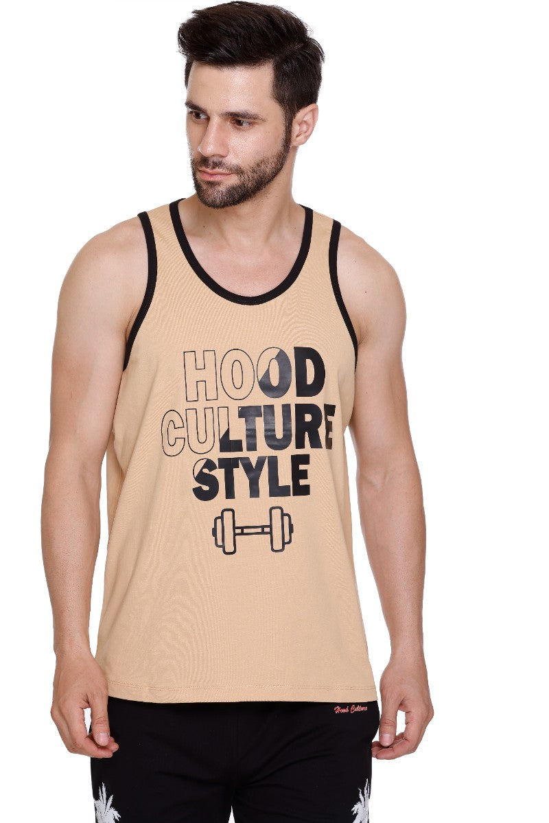 Men's Printed Cotton Lycra Gym Vest | Activewear Sports Sleeveless Tank Top | Stretchable Workout Vest for Men