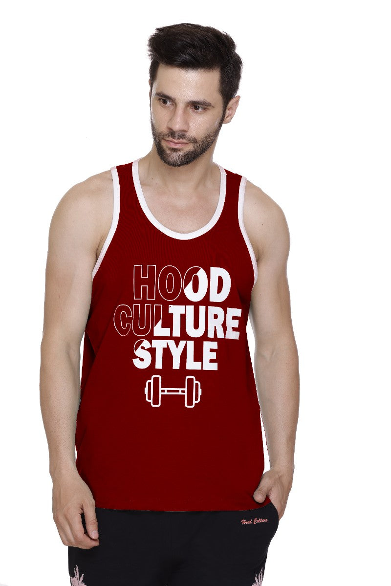 Men's Printed Maroon Cotton Lycra Gym Vest | Activewear Sports Sleeveless Vest | Stretchable Workout Vest for Men (Sizes M to 3XL)