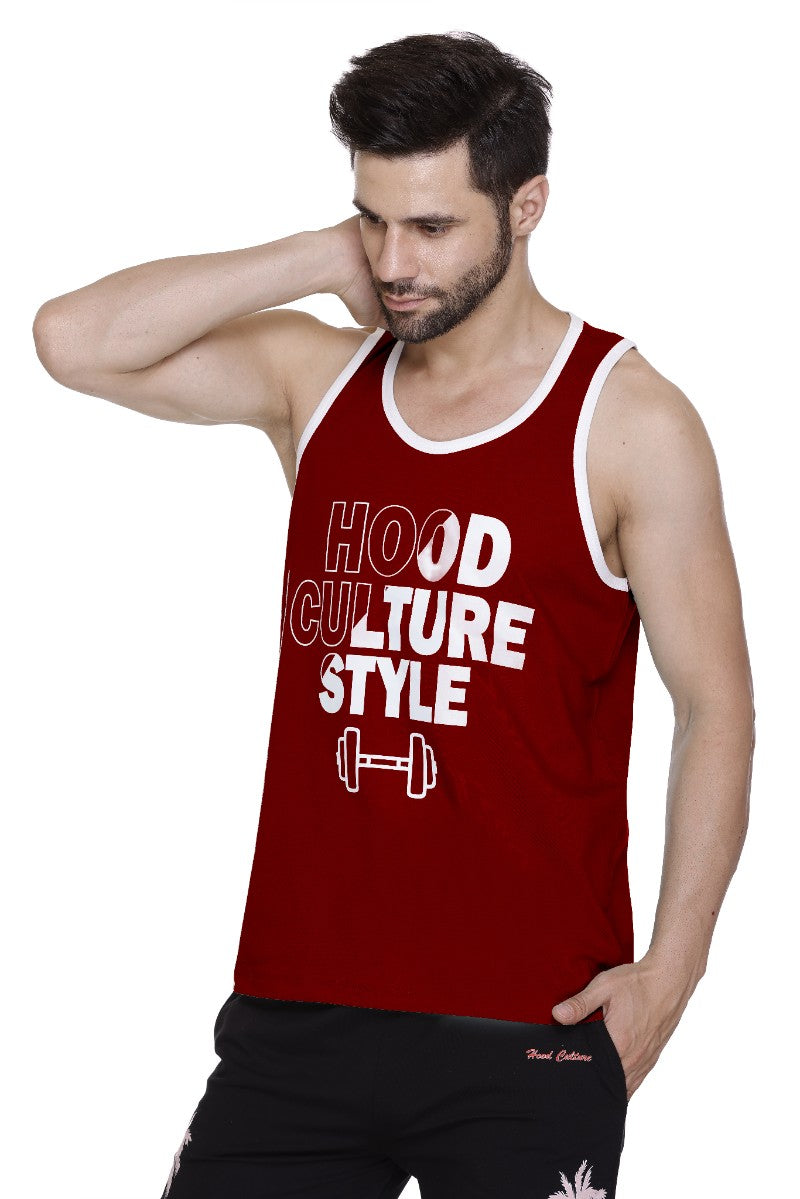 Men's Printed Maroon Cotton Lycra Gym Vest | Activewear Sports Sleeveless Vest | Stretchable Workout Vest for Men (Sizes M to 3XL)