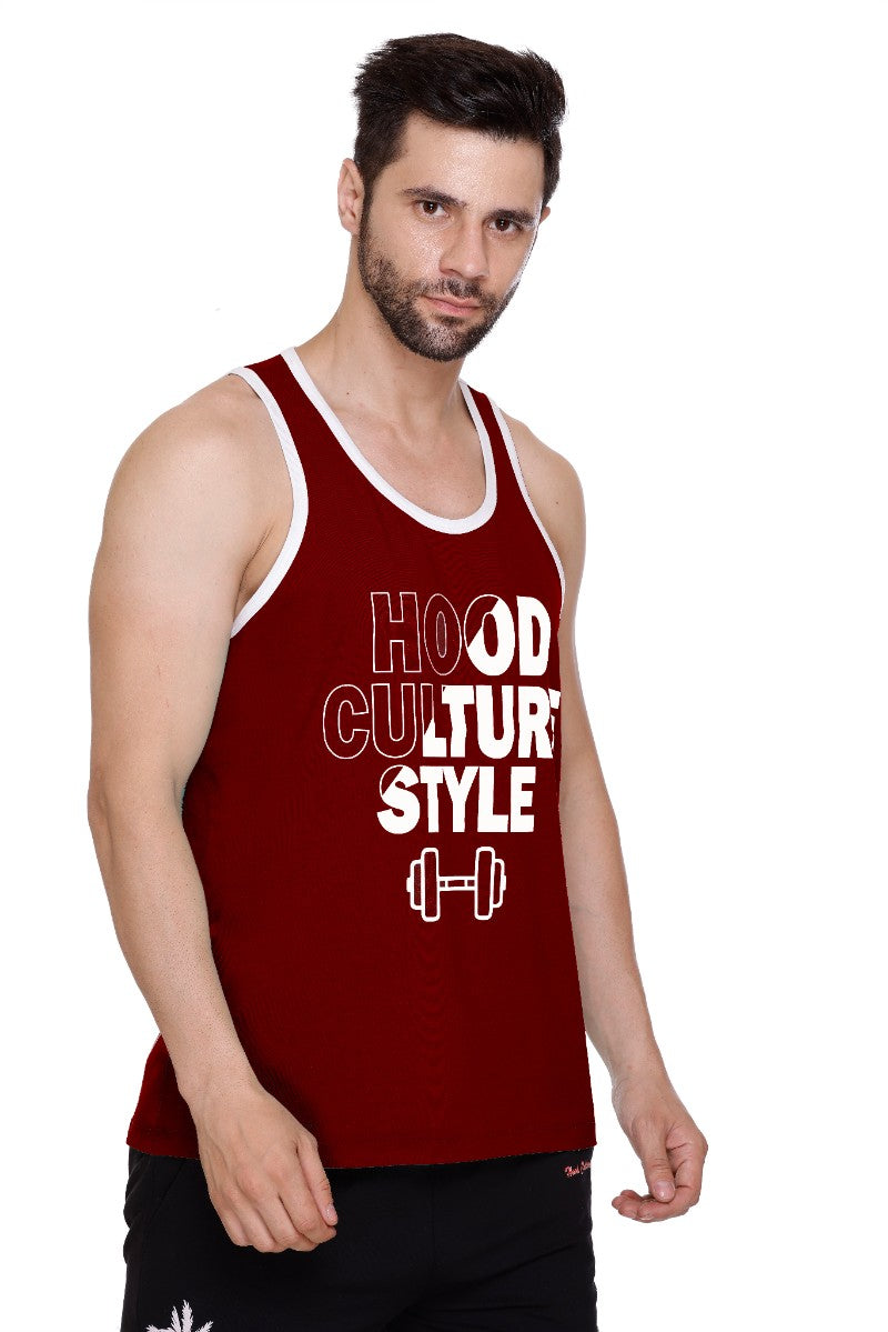 Men's Printed Maroon Cotton Lycra Gym Vest | Activewear Sports Sleeveless Vest | Stretchable Workout Vest for Men (Sizes M to 3XL)