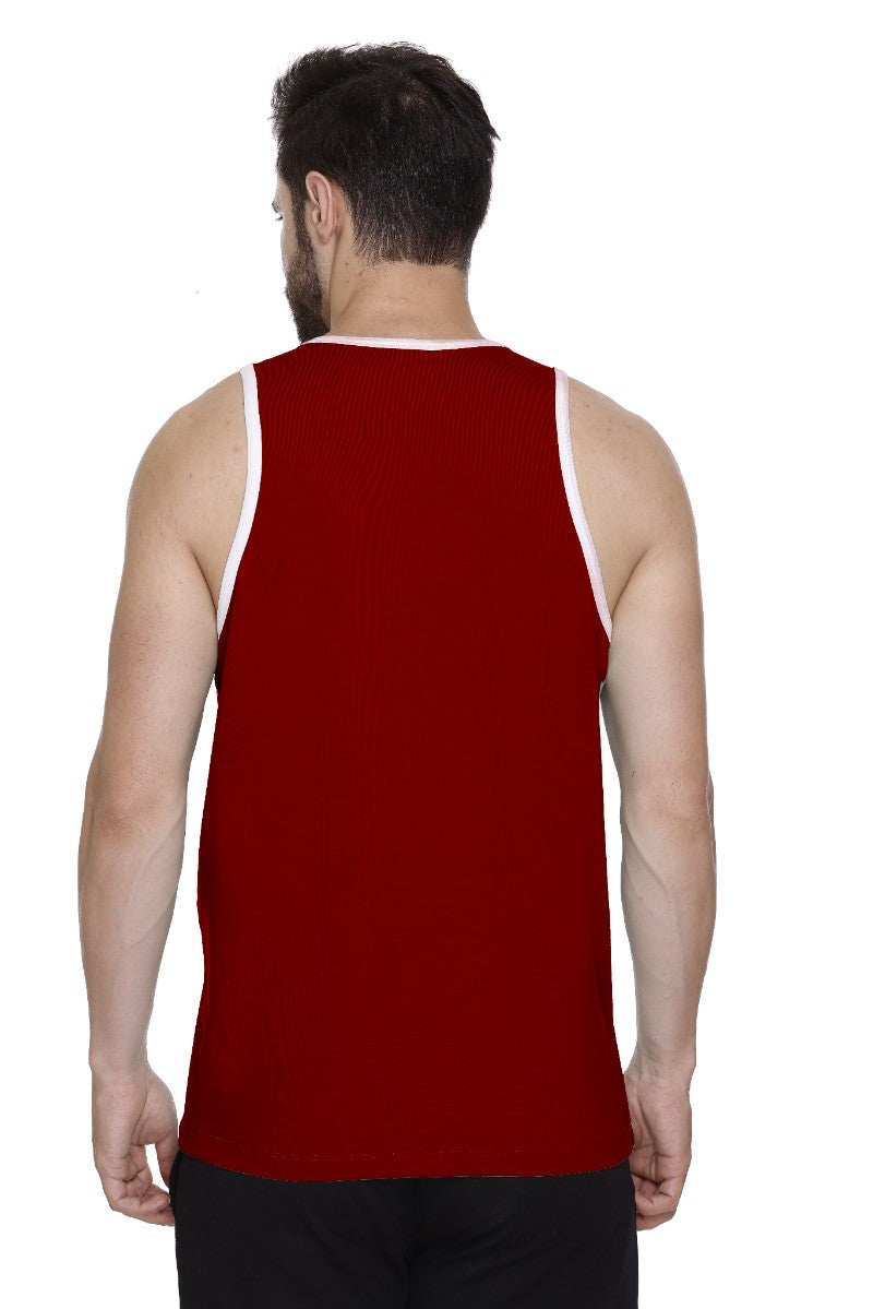Men's Printed Maroon Cotton Lycra Gym Vest | Activewear Sports Sleeveless Vest | Stretchable Workout Vest for Men (Sizes M to 3XL)