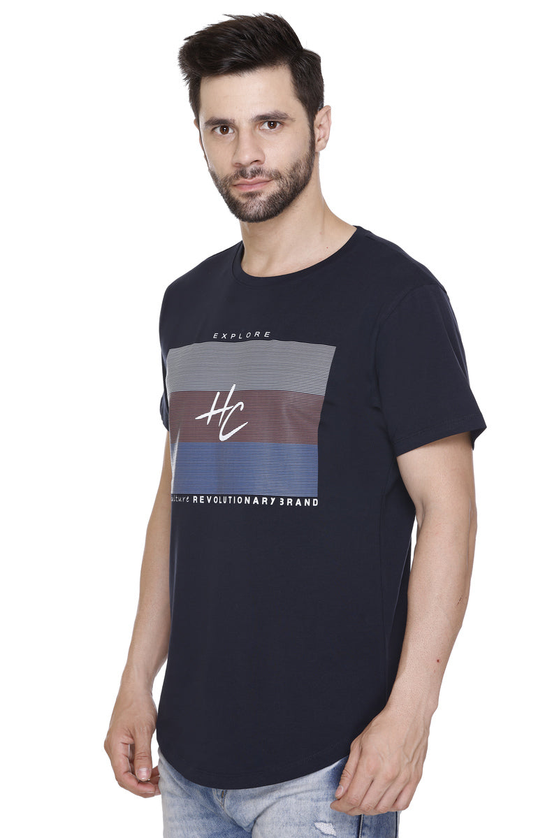 Short Sleeves Men Cotton Lycra Horizontal line Printed round Neck T-shirt