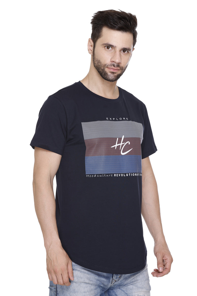 Short Sleeves Men Cotton Lycra Horizontal line Printed round Neck T-shirt