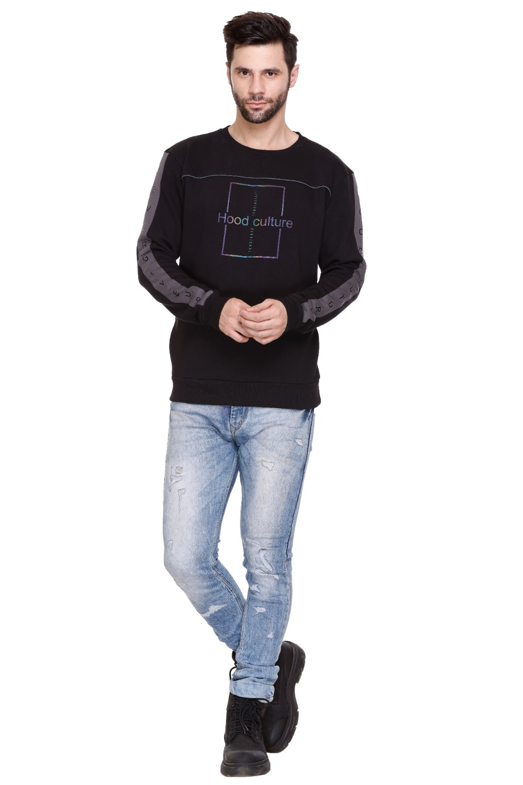 Men Printed Round Neck Cotton Blend Black T-Shirt